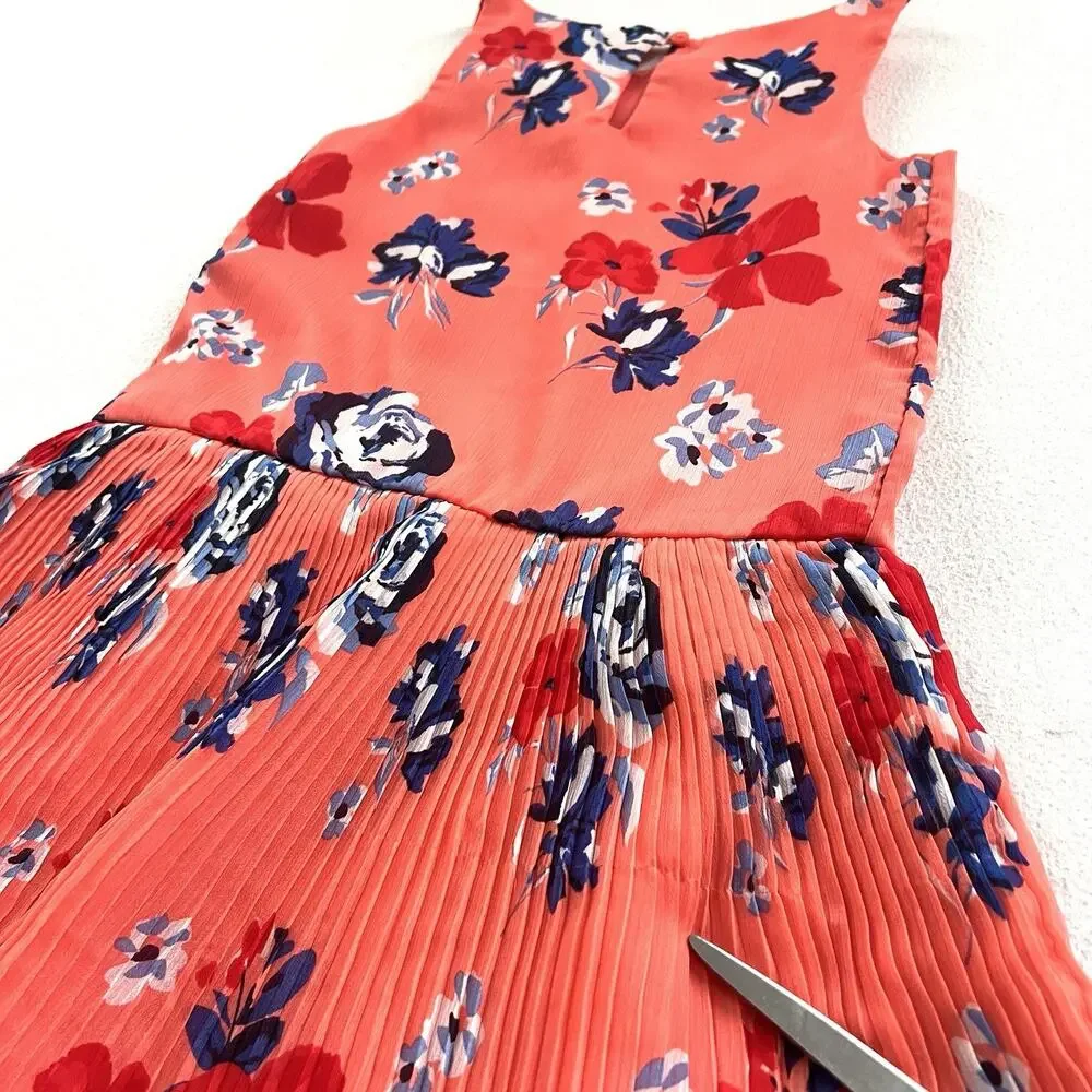 Janie And Jack Girl Vivid Coral Floral Print Chiffon Pleated Sleeveless Dress 6